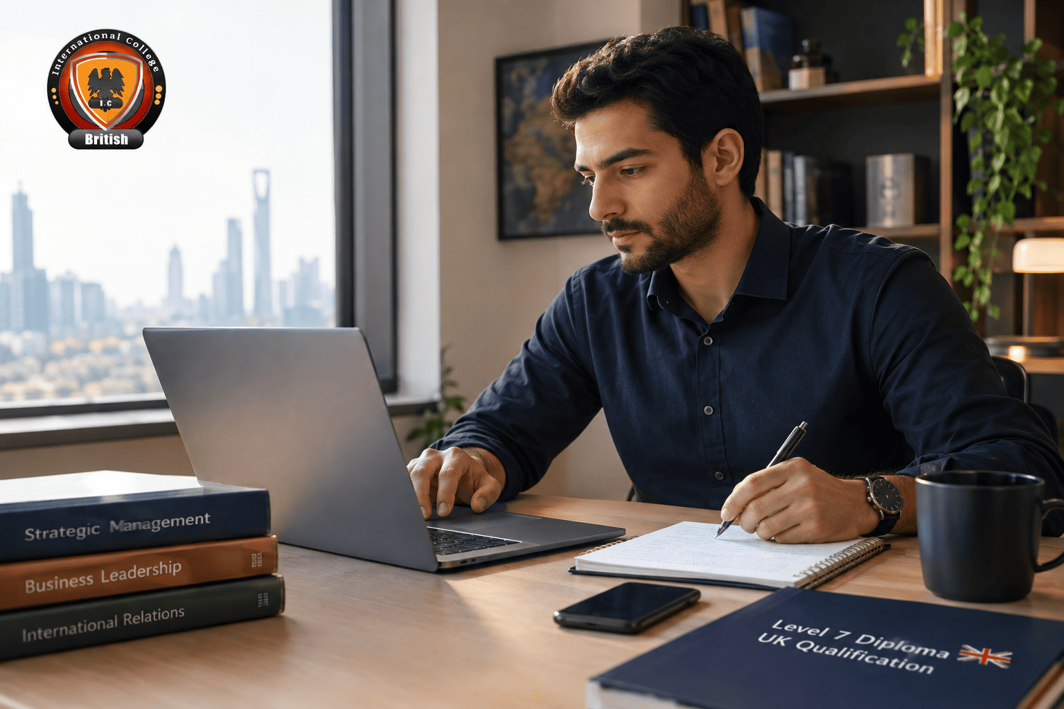 Professional reviewing an online UK Level 7 diploma while working at a desk